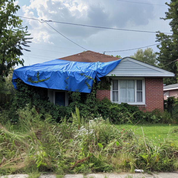 We buy distressed properties just like this! house with tarp on roof | distressed house with overgrowth lawn
