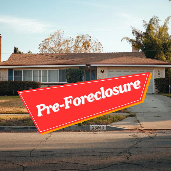 House in pre-foreclosure, sell fast for cash! ranch style single family house that is in good condition with a banner out in front that reads "Pre-Foreclosure"