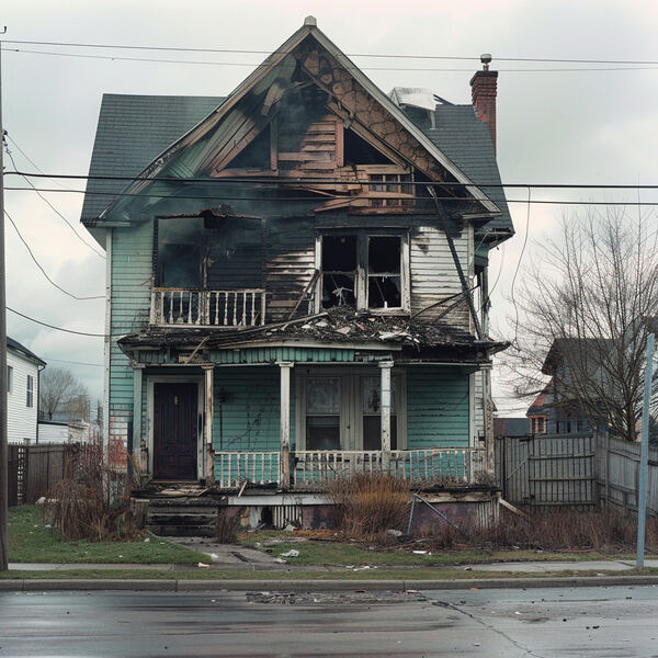 We buy fire-damaged houses a two story house in a crowded neighborhood with severe fire damage on the second floor