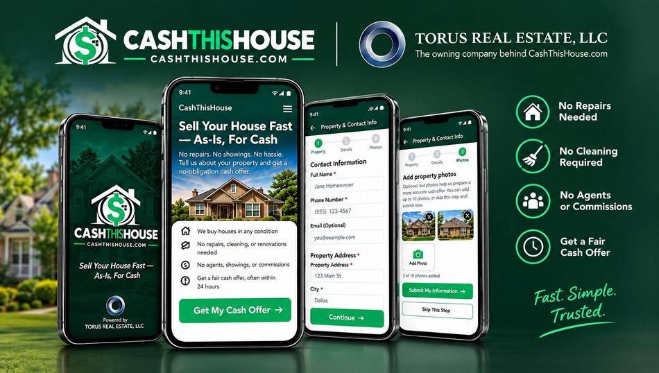 We buy ugly houses fast for cash! cashthishouse.com logo | a house with money sign inside with cash this house banding underneath