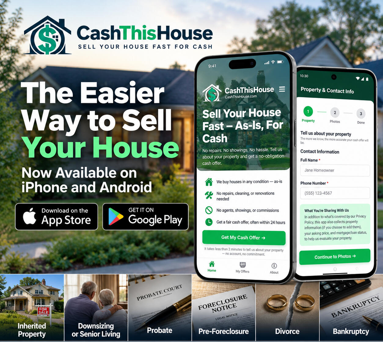 We buy ugly houses fast for cash! cashthishouse.com logo | a house with money sign inside with cash this house banding underneath