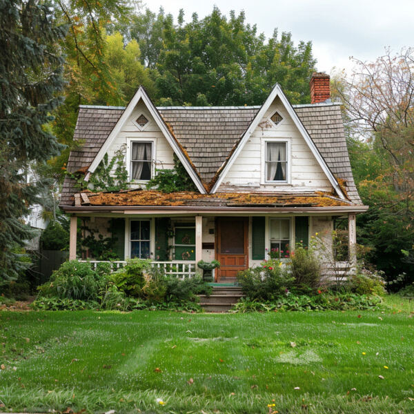 We buy vacant properties for cash! Old house with leaves on the roof | an empty lot with a vacant property
