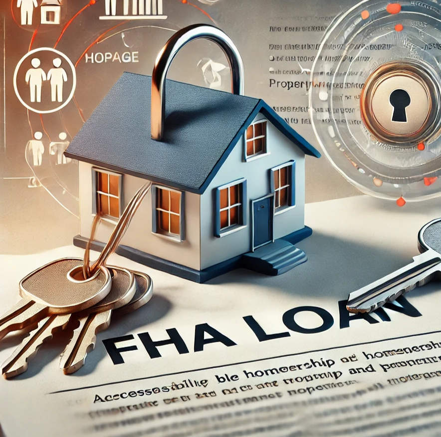 House with keys representing property ownership and an FHA loan | Document labeled 'FHA Loan' with a lock symbolizing mortgage security | Family and home elements in the background highlighting accessible homeownership through FHA loans | FHA-backed mortga